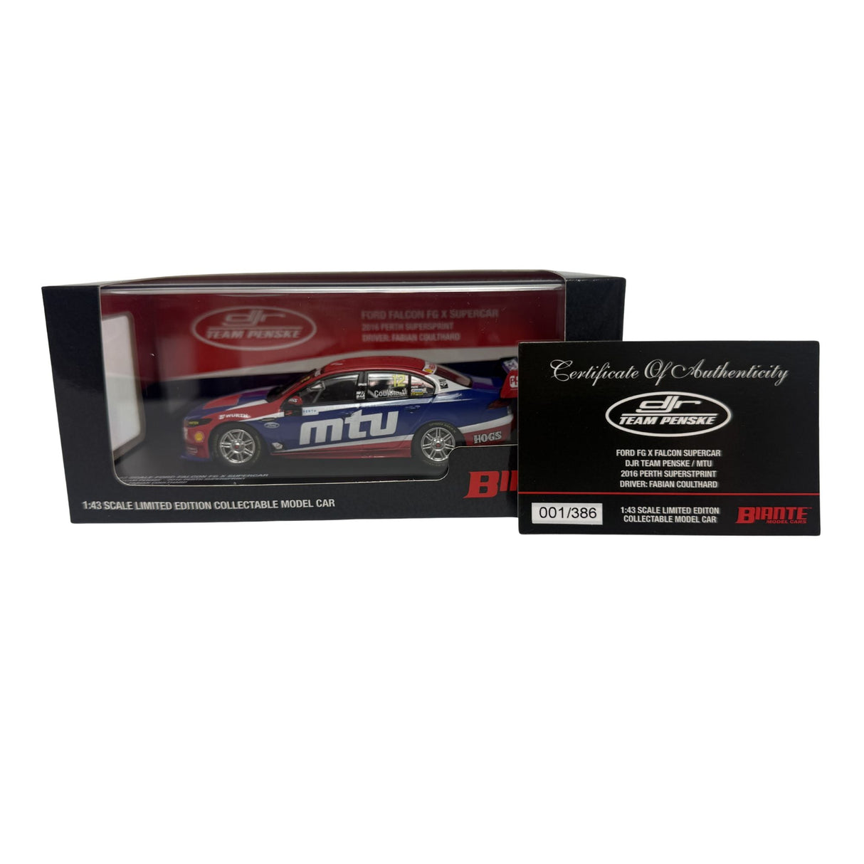 Certificate #1 - FORD FALCON FGX DJR TEAM PENSKE - MTU 2016 PERTH SUPERSPRINT #12 COULTHARD - 1:43 Scale Diecast Model Car