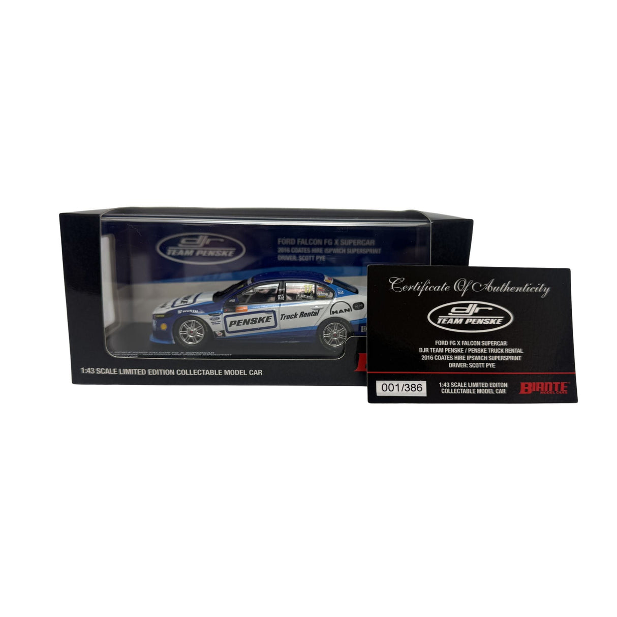 Certificate #1 - FORD FALCON FGX DJR TEAM PENSKE - PENSKE TRUCK RENTAL 2016 COATES HIRE IPSWICH SUPERSPRINT #17 PYE - 1:43 Scale Diecast Model Car