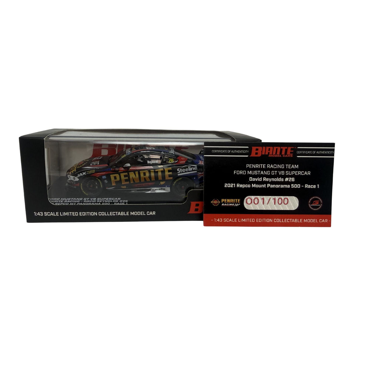 Certificate #1 - FORD MUSTANG GT V8 SUPERCAR - PENRITE 2021 REPCO MOUNT PANORAMA 500 RACE 1 #26 REYNOLDS - 1:43 Scale Diecast Model Car