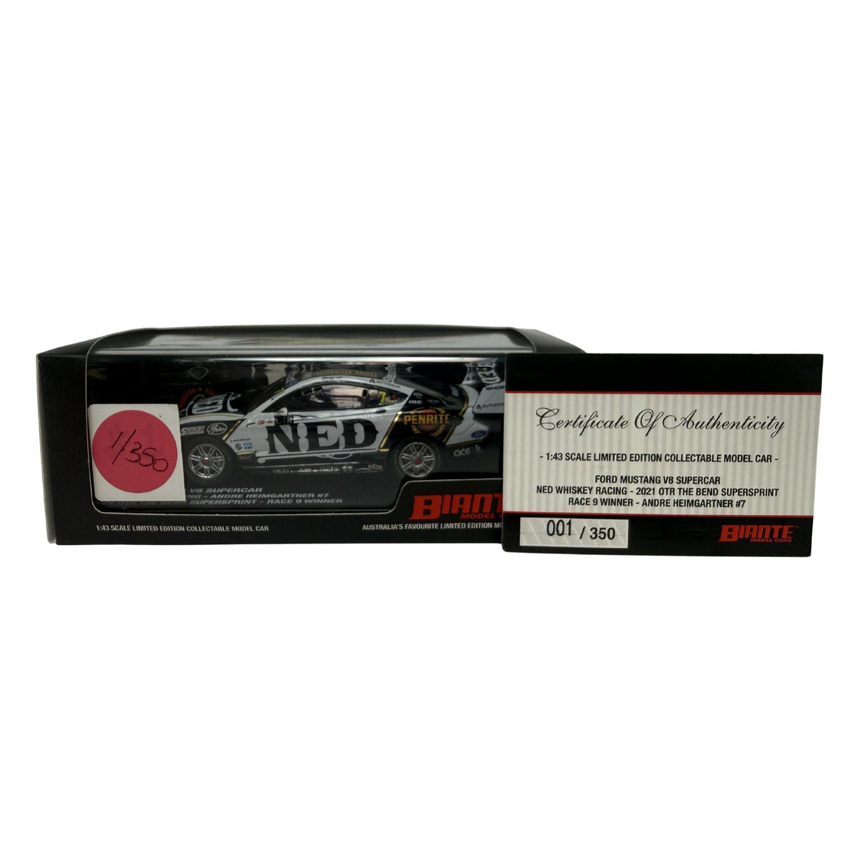 Certificate #1 - FORD MUSTANG V8 SUPERCAR - KGR NED 2021 OTR THE BEND SUPERSPRINT RACE 9 WINNER #7 HEIMGARTNER - 1:43 Scale Diecast Model Car