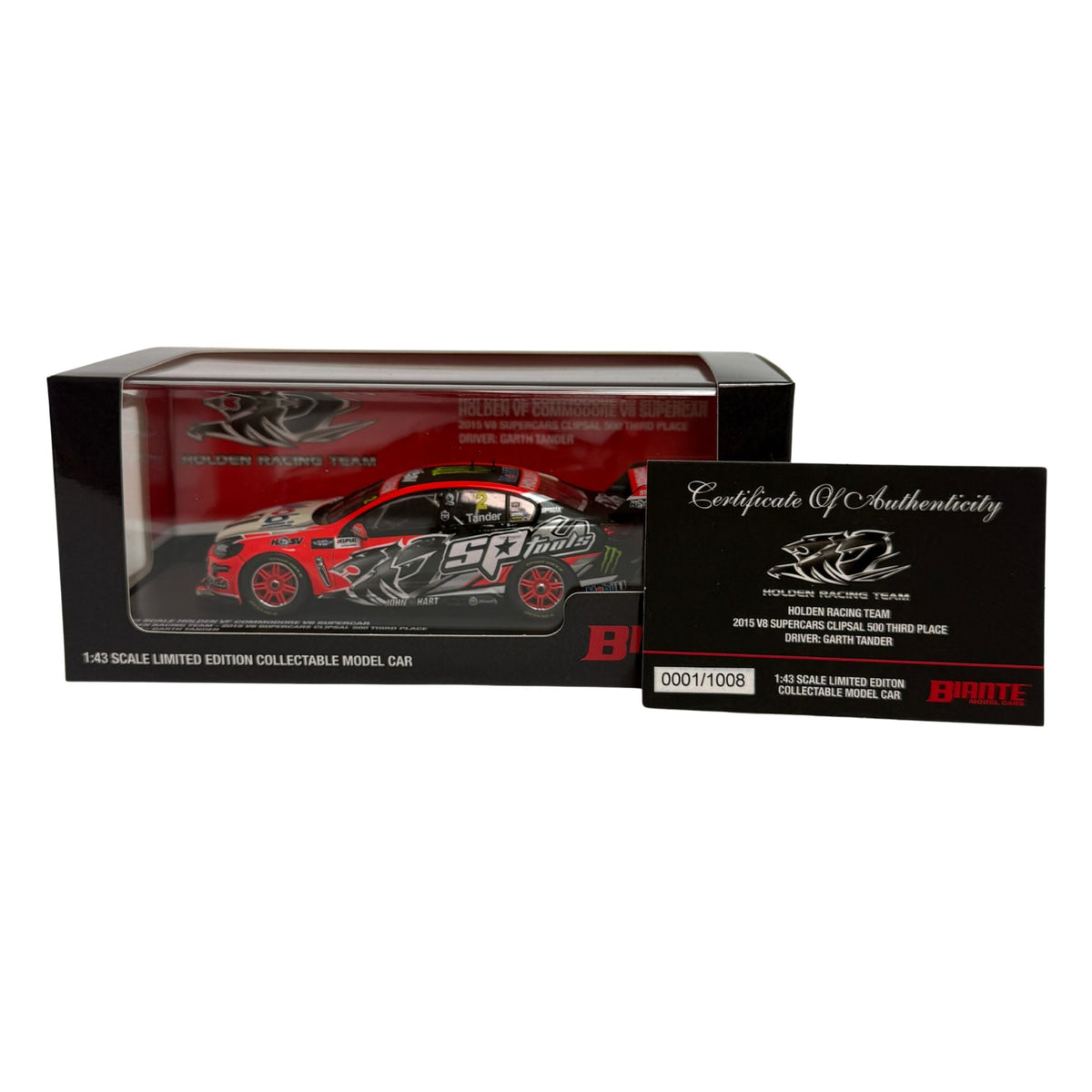 Certificate #1 - HOLDEN COMMODORE VF HOLDEN RACING TEAM 2015 CLIPSAL 500 #2 GARTH TANDER - 1:43 Scale Diecast Model Car