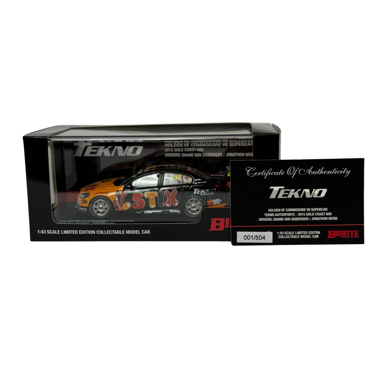 Certificate #1 - HOLDEN COMMODORE VF TEKNO AUTOSPORTS 2015 GOLD COAST 600 #97 SHANE VAN GISBERGEN/JONATHON WEBB - 1:43 Scale Diecast Model Car