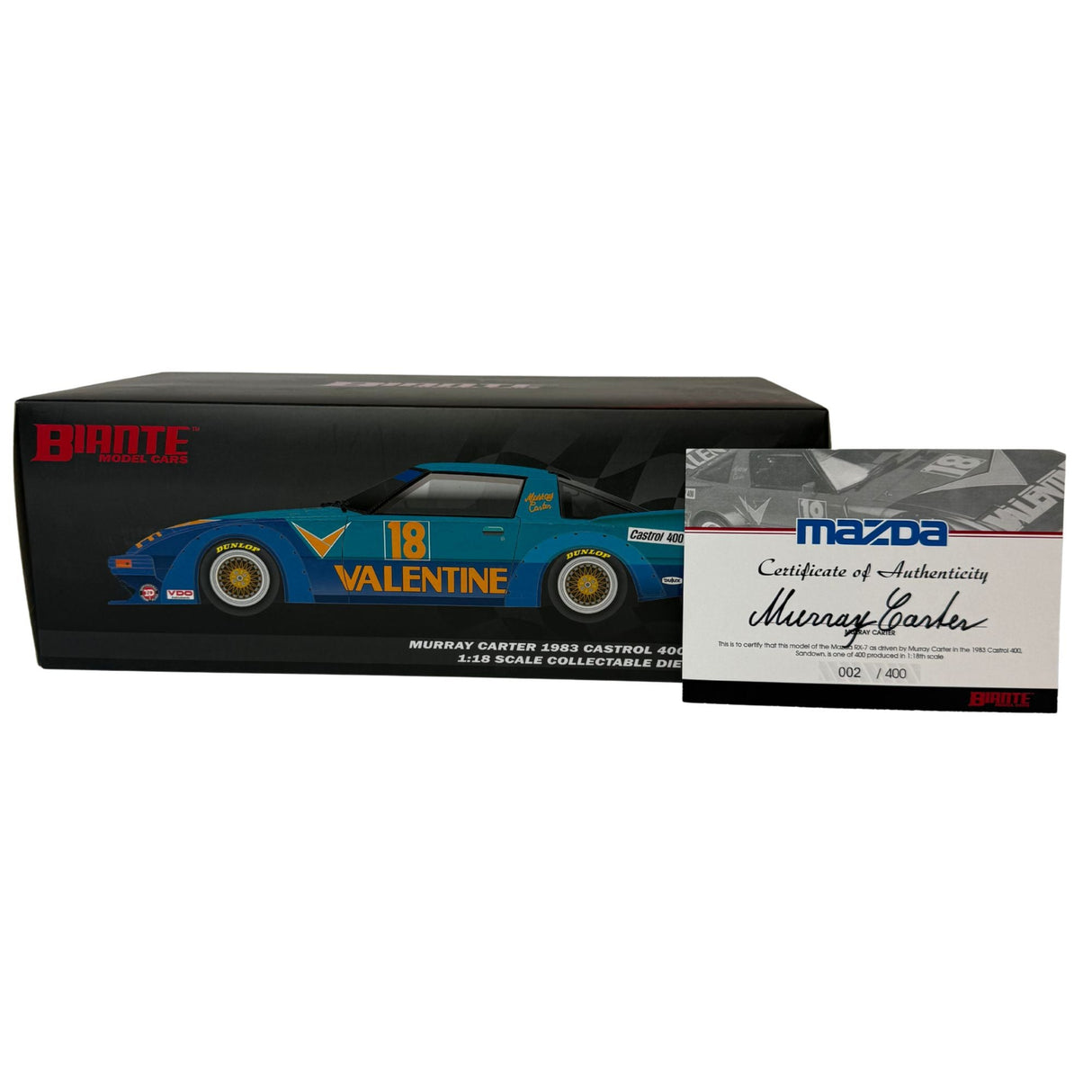 Certificate #2 - MAZDA RX7 1983 CASTROL 400 MURRAY CARTER - 1:18 Scale Diecast Model Car