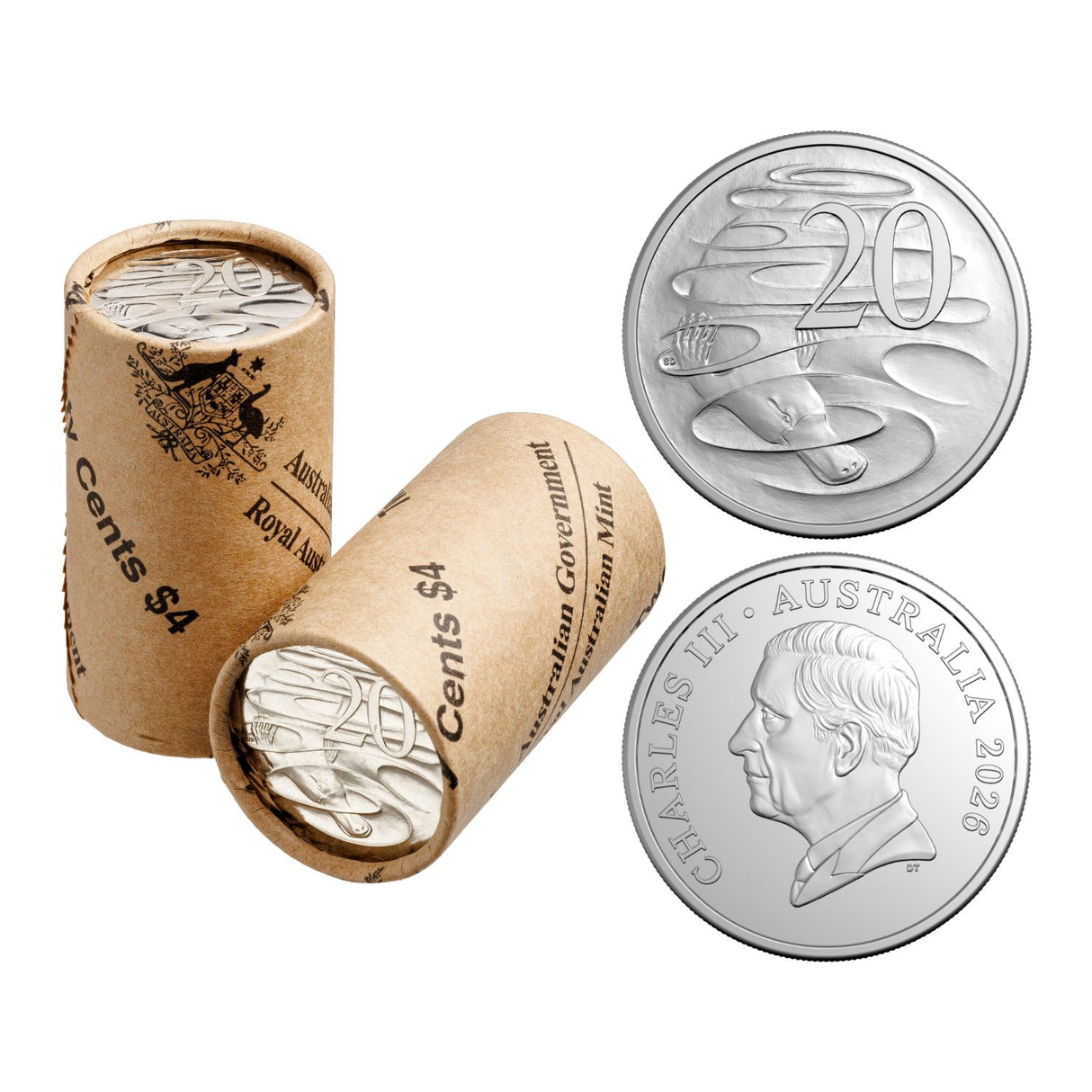 Australia Charles III 2026 20c Cupro-Nickel Uncirculated 20-Coin Heads/Heads or Tails/Tails RAM Mint Roll