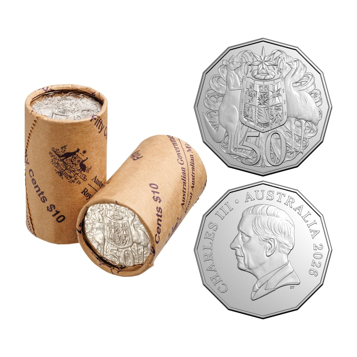 Australia Charles III 2026 50c Cupro-Nickel Uncirculated 20-Coin Heads/Heads or Tails/Tails RAM Mint Roll