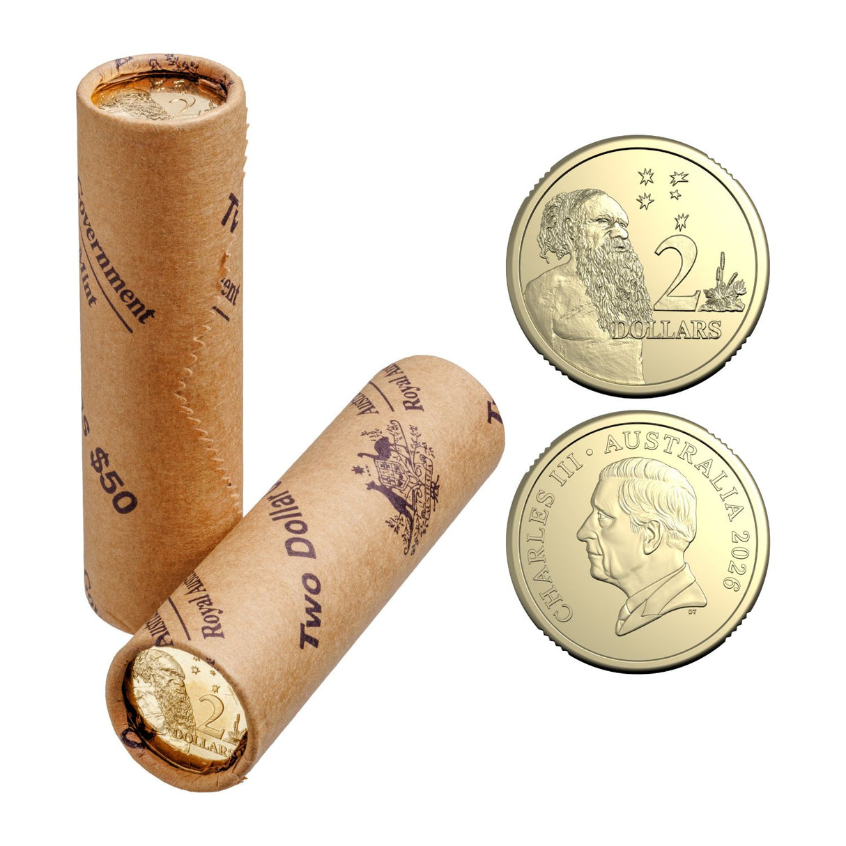 Australia Charles III 2026 $2 Aluminium-Bronze Uncirculated 25-Coin Heads/Heads or Tails/Tails RAM Mint Roll