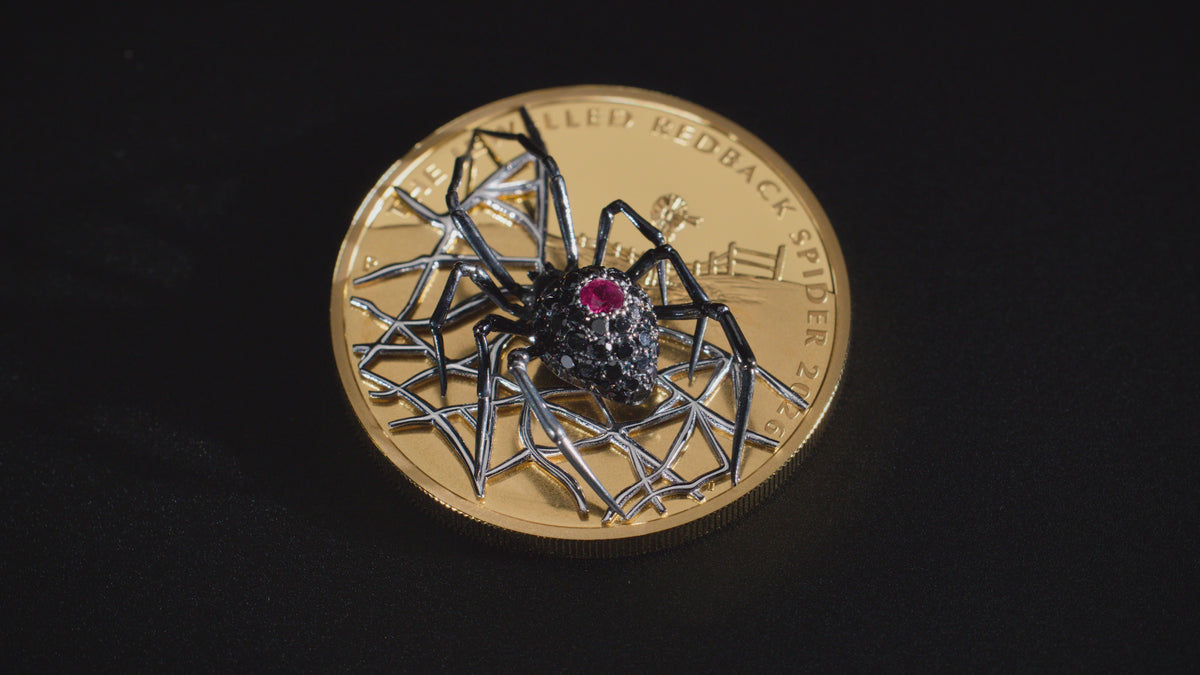 Australia Jewelled Redback Spider 2026 $200 Black Diamond & Ruby 2oz Gold Proof Coin