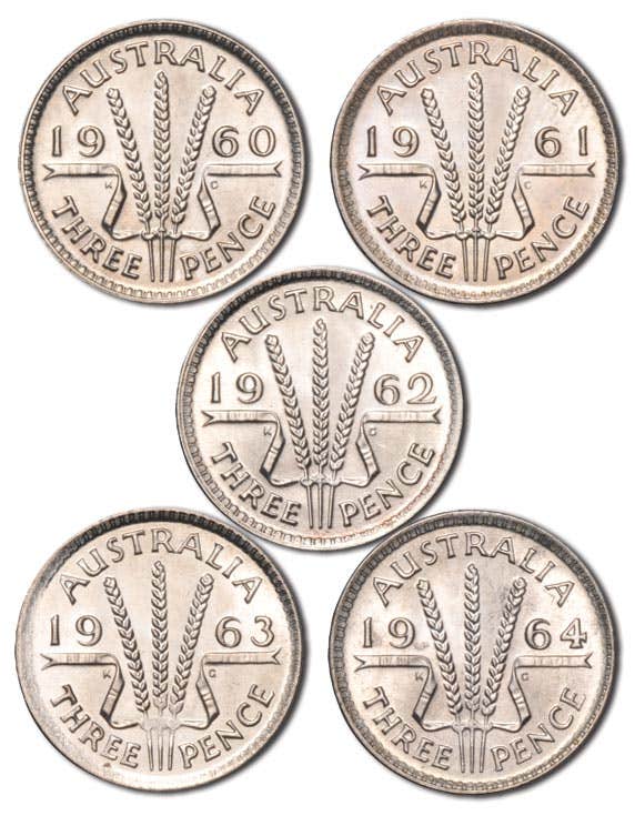 Australia Elizabeth II 1960-64 Threepence Uncirculated 5-Coin Set