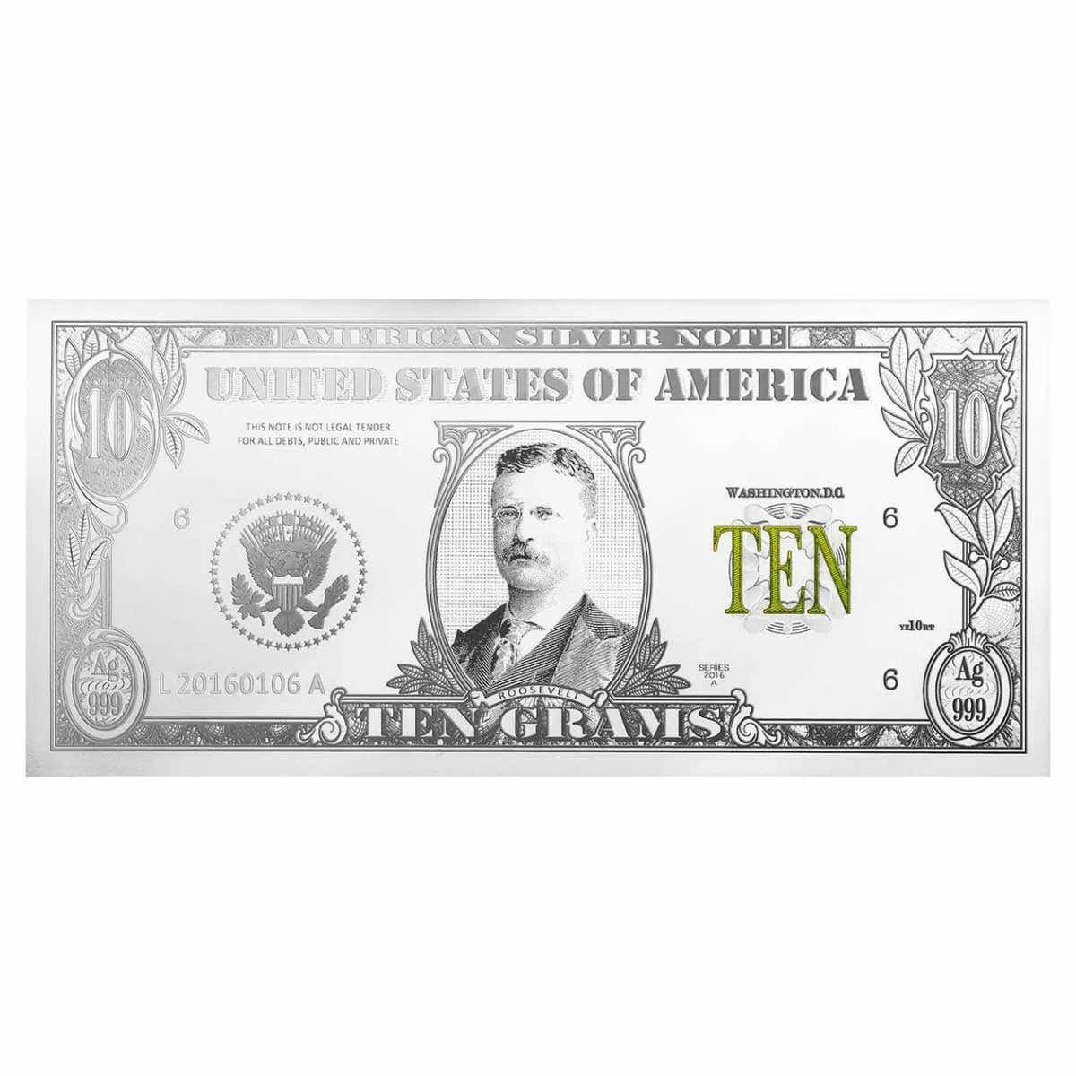 American Silver Notes Theodore Roosevelt $10 Banknote