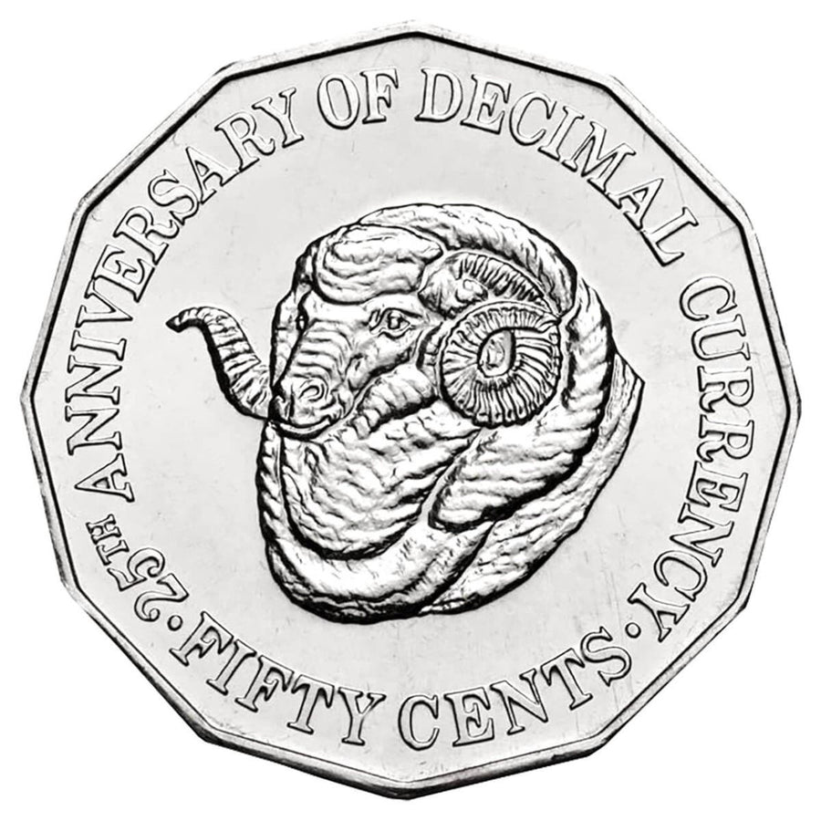 1991 Decimal Currency 25th Anniversary 50 cent coin reverse showing the Ram's Head design