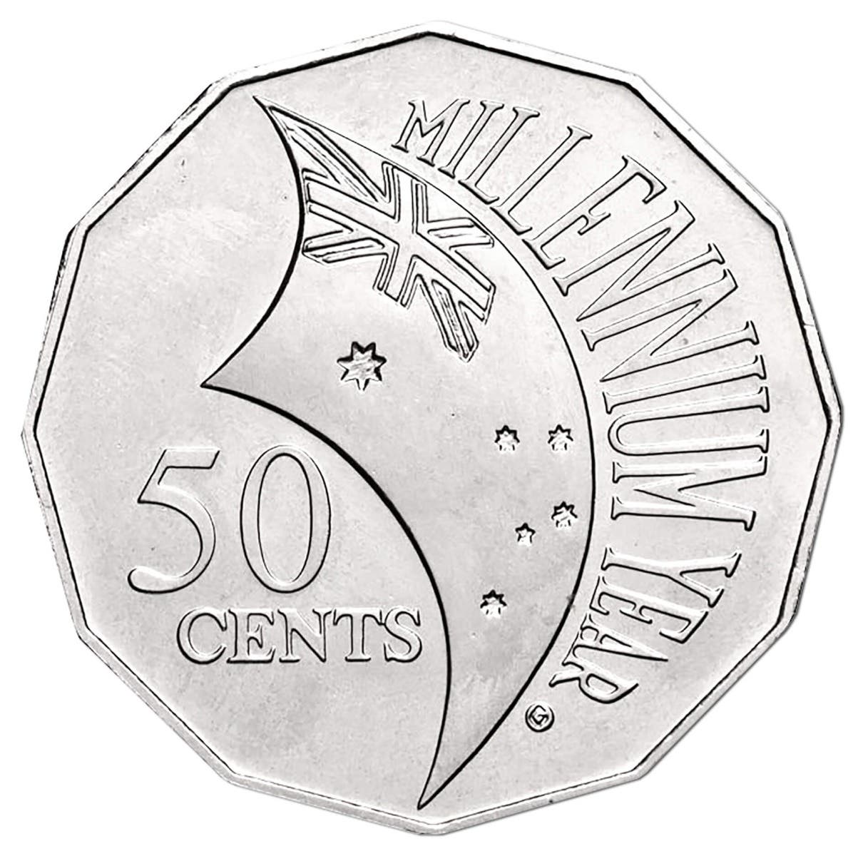 Standard 2000 Millennium 50 cent coin reverse showing the flag in normal raised relief, for comparison