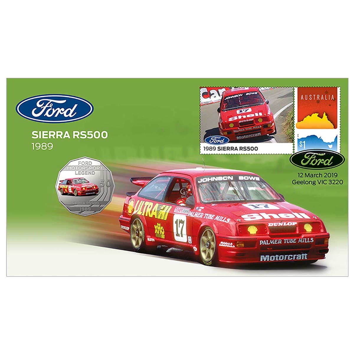 Ford 1989 Sierra RS500 2018 50c Stamp & Coin Cover