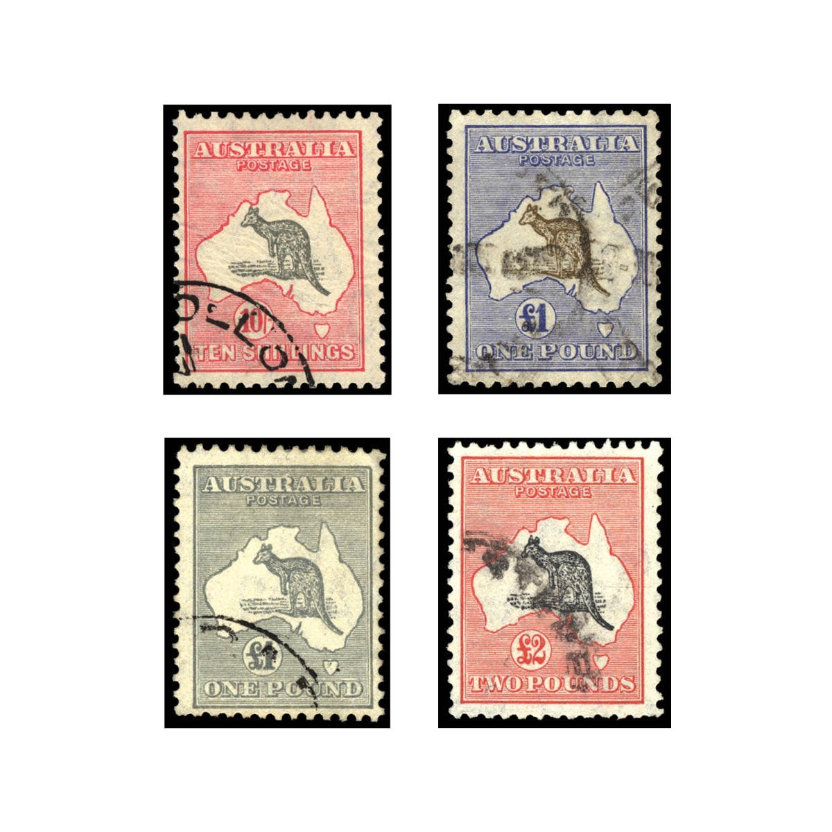 1913-36 10/- to £2 High Value Kangaroos Set of 4 Fine Used