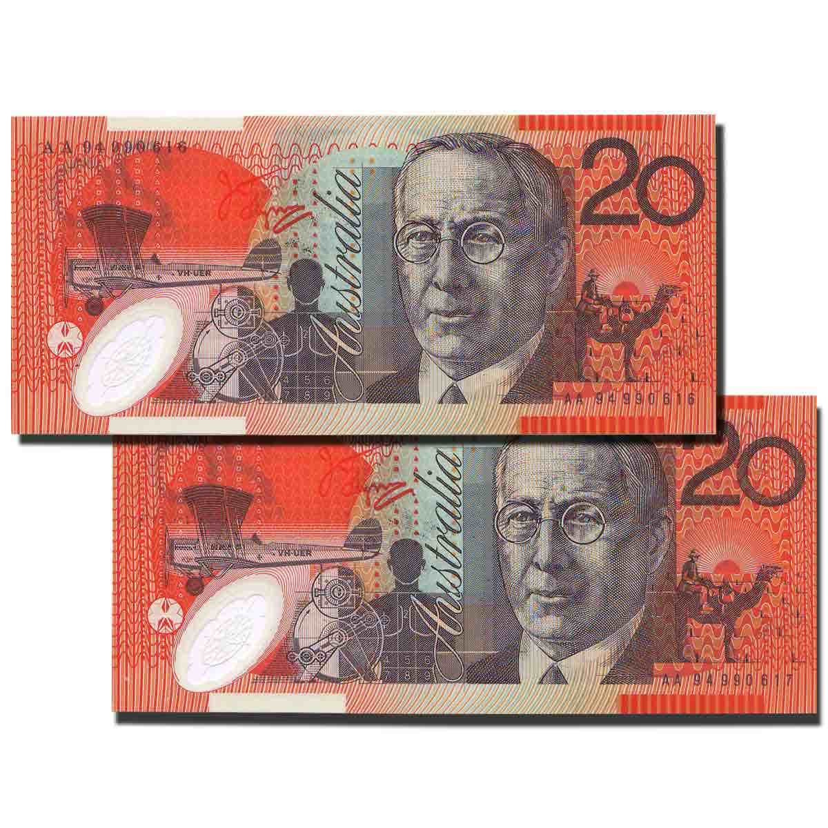 1994 $20 R416aF Fraser/Evans First Prefix AA94 Banknote Consecutive Pair Uncirculated