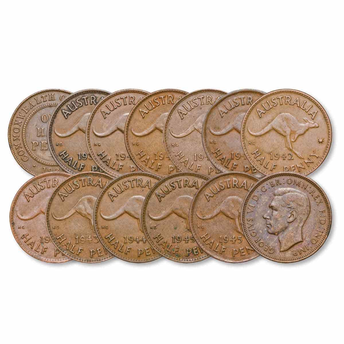 1939-45 Halfpenny Complete 12-Coin Set Fine - Very Fine