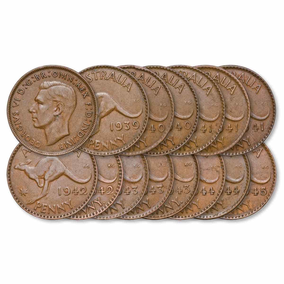 1939-45 Penny Complete 14-Coin Set Fine - Very Fine