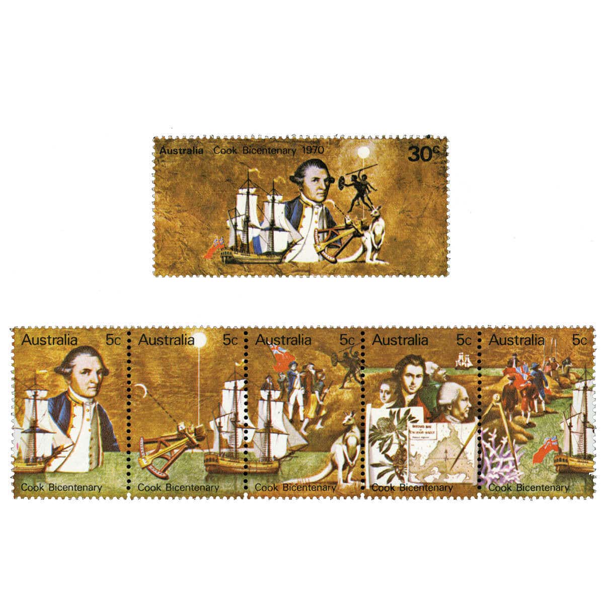 Australia Captain Cook 1970 5c Strip, 30c & 200th Anniversary