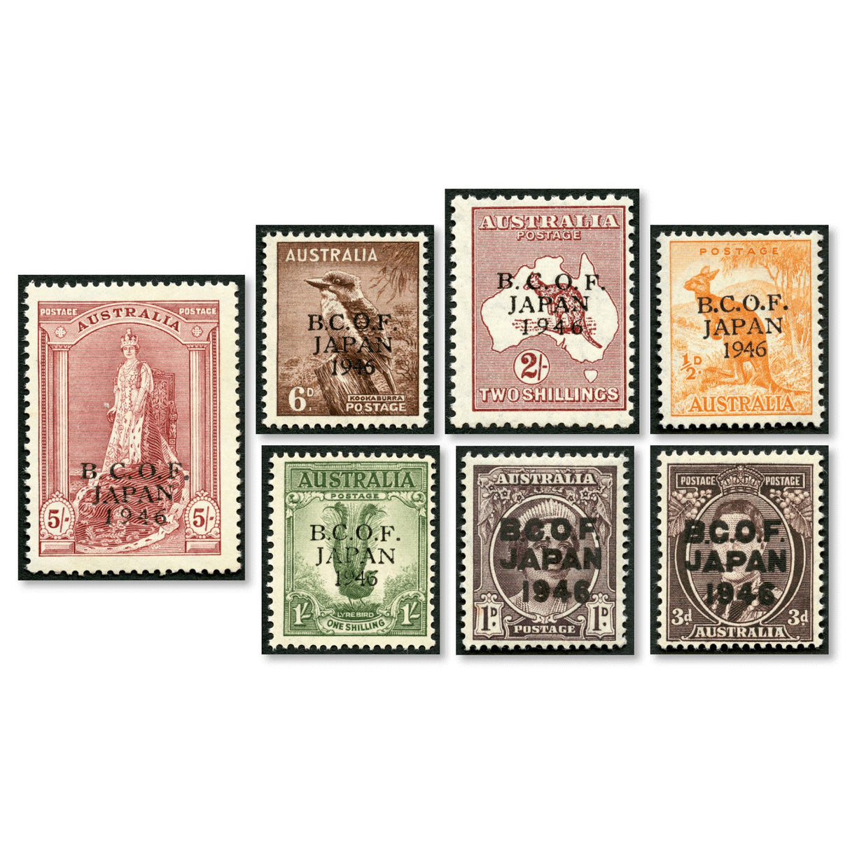 BCOF Japan 1946 Overprints 1/2d - 5/- Complete Set of 7 Stamps Mint Unhinged