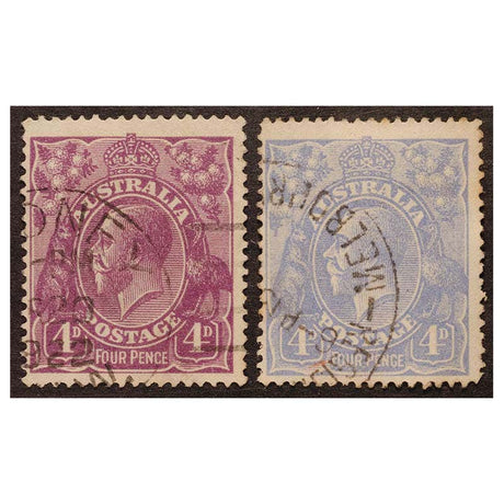 1915-1924 4d Orange, Lemon, Purple, Blue & Olive 5-Stamp Set Fine Used