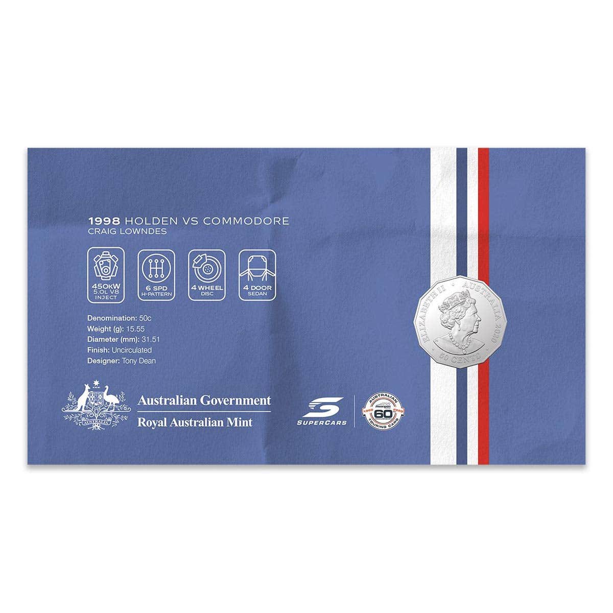 2020 50c 60 Years of Supercars VS Commodore Stamp & Coin Cover