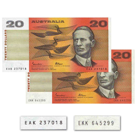 Australia 1985 $20 R409a & R409b Johnston/Fraser OCR-B & Gothic Uncirculated Banknote Pair