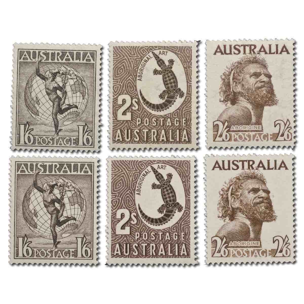 1948-56 1/6 Hermes, 2/- Crocodile, 2/6 Aborigianal Elder Watermark & No watermark sets MUH (6 stamps)