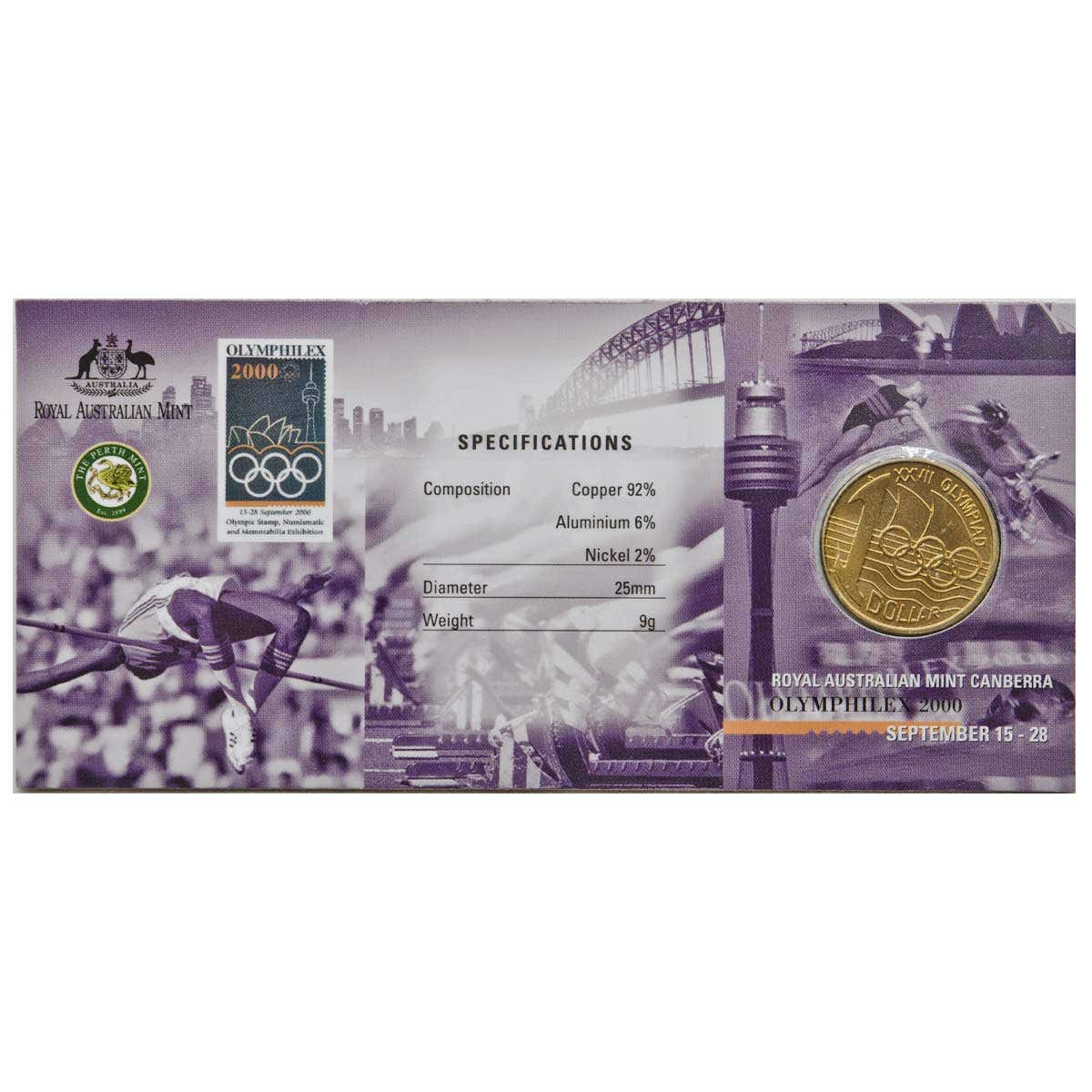 Australia Olymphilex 2000 $1 Aluminium-Bronze C & S Mintmark Uncirculated Coin Pair