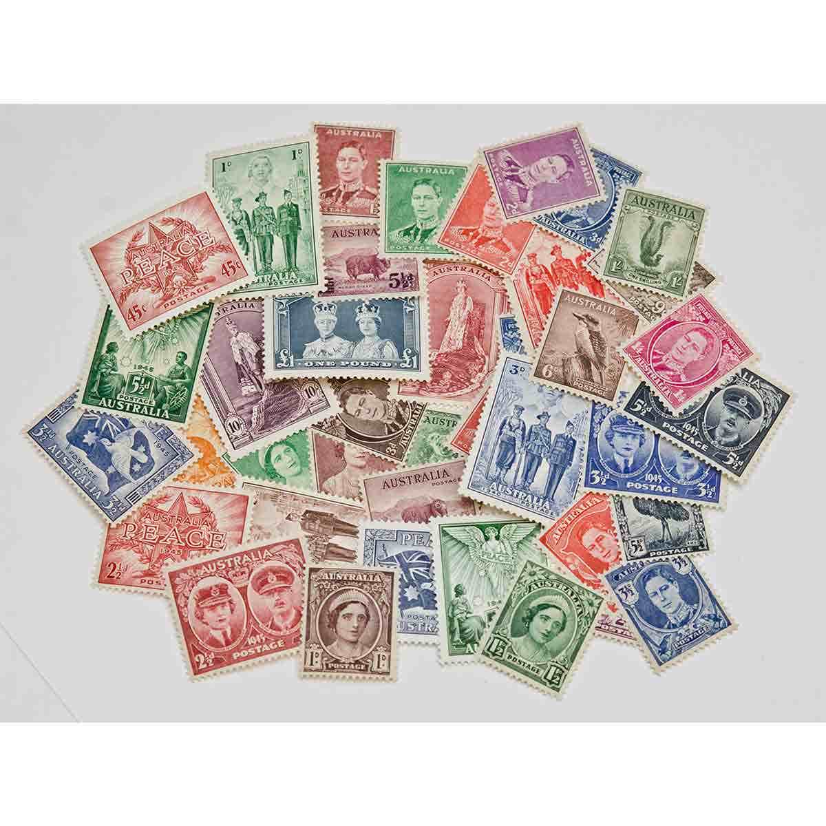 Australian WWII Types 34-Stamp Set PLUS Six Free Stamps Mint Unhinged