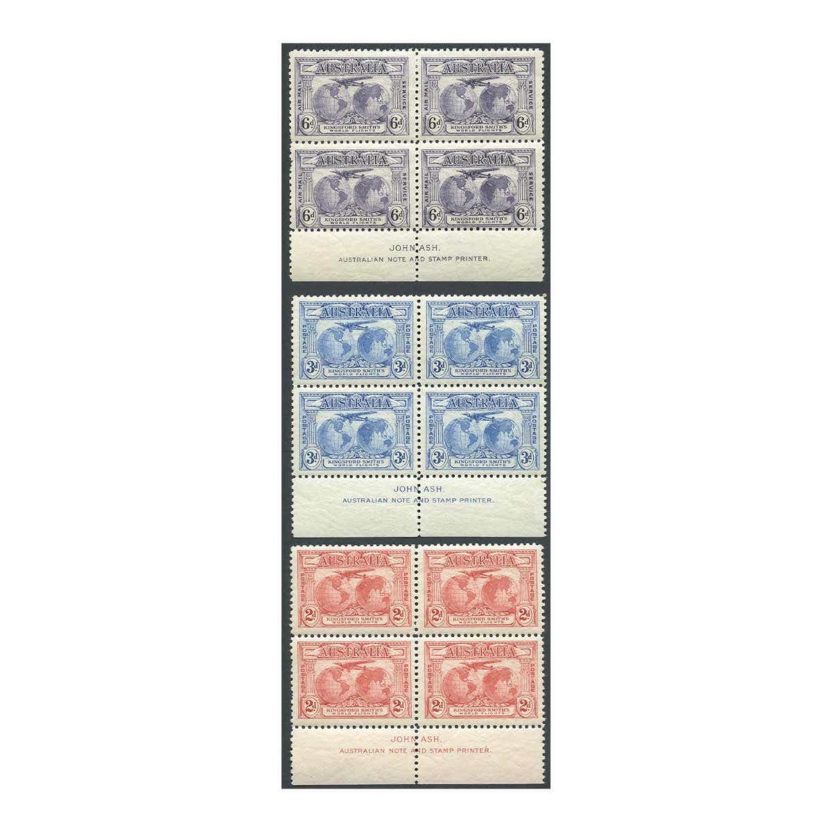 1931 2d, 3d, 6d Kingsford Smith Ash Imprint Blocks of Four Set of 3 MUH