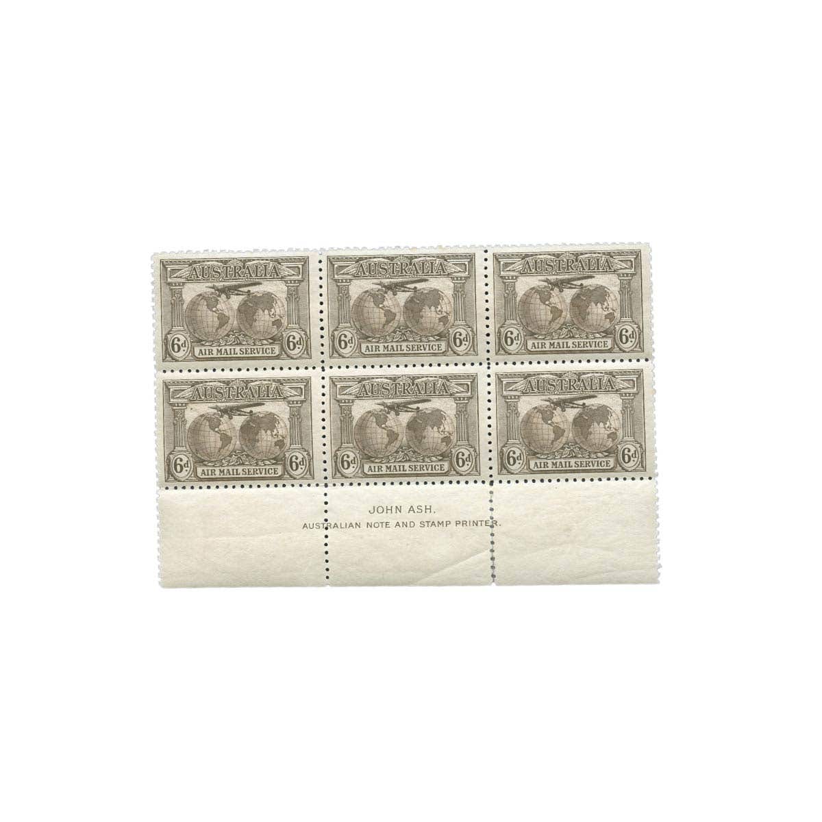 1931 6d Brown Airmail Ash Imprint Block of Six MUH
