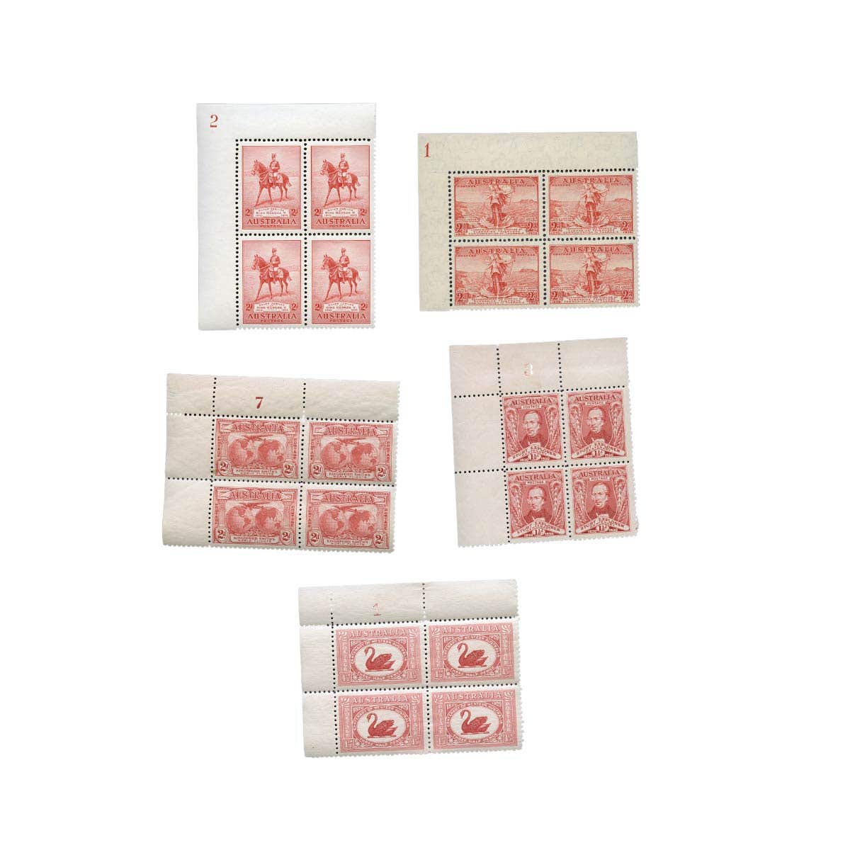 1929-35 1½d & 2d Commemorative Plate Blocks of Four Set of 5 Different MUH
