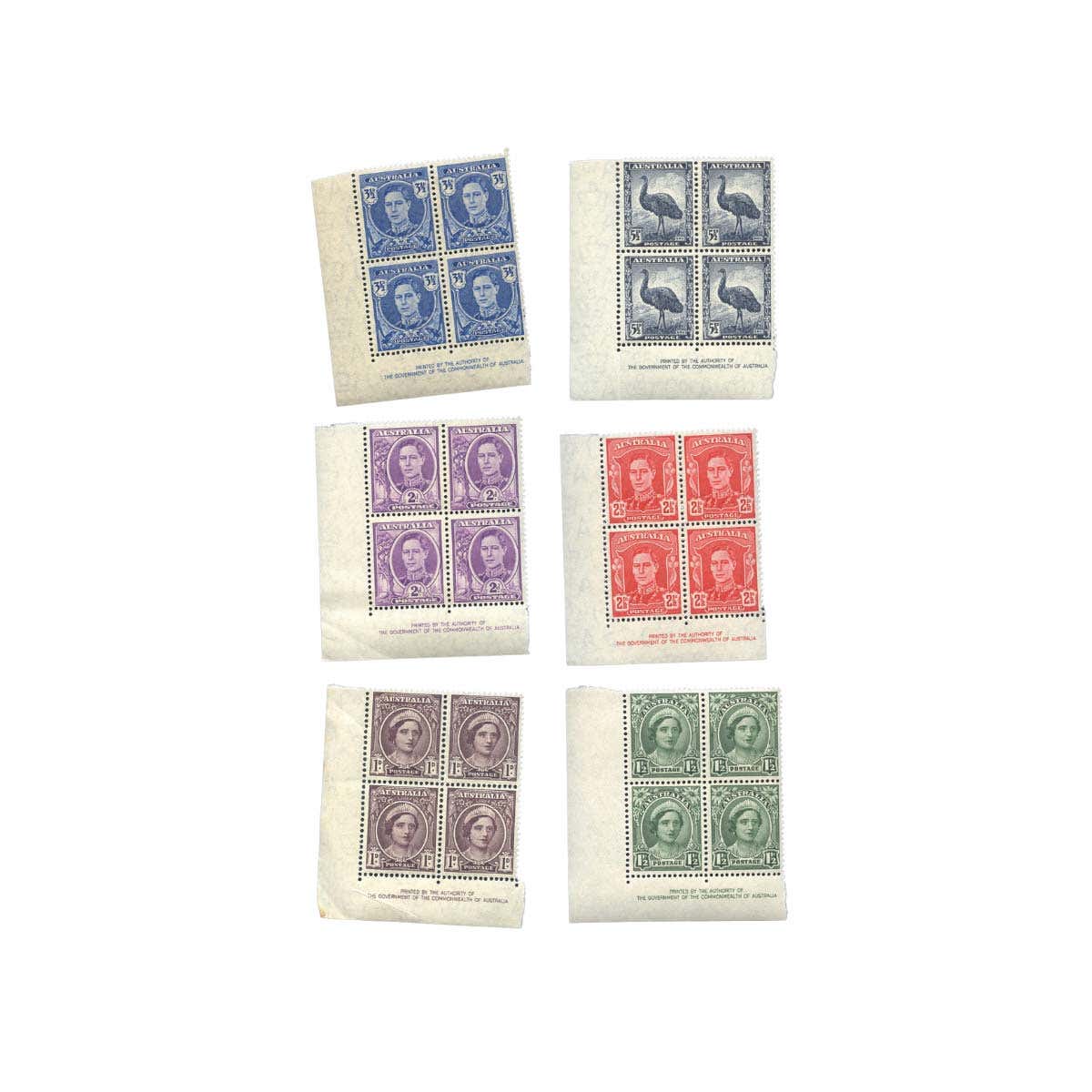 1941-44 1d-5½d Definitive Series Authority Imprint Block of Four Set of 6 MUH