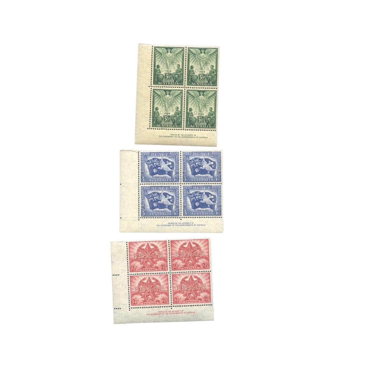 1946 2½, 3½d & 5½d Peace Authority Imprint Block of Four Set of 3 MUH