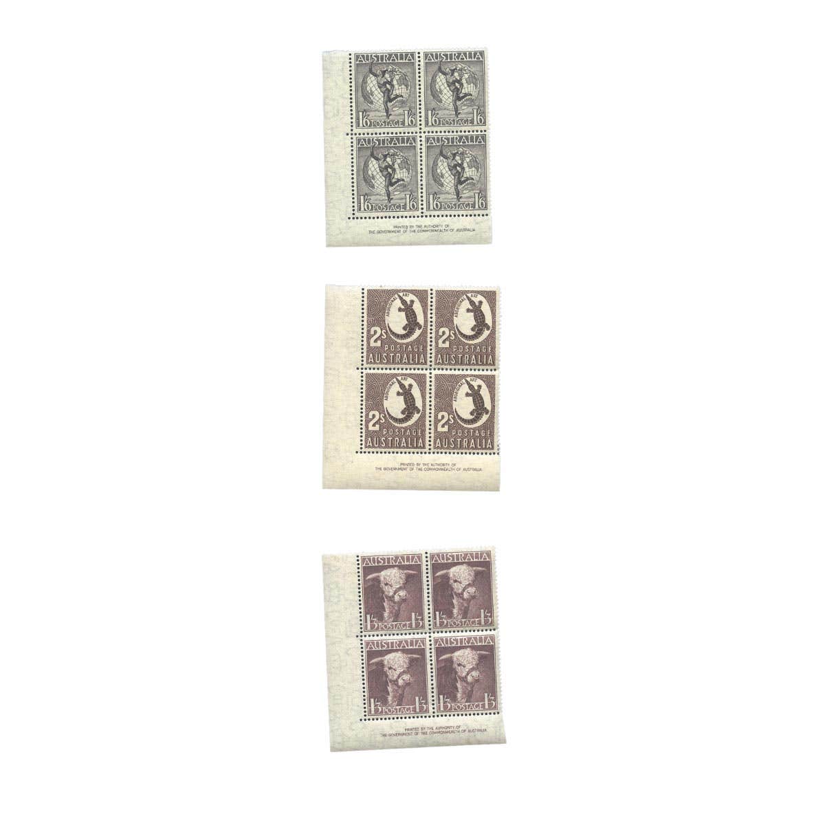1948-49 High Value Pictorials Authority Imprint Block of Four Set of 3 MUH