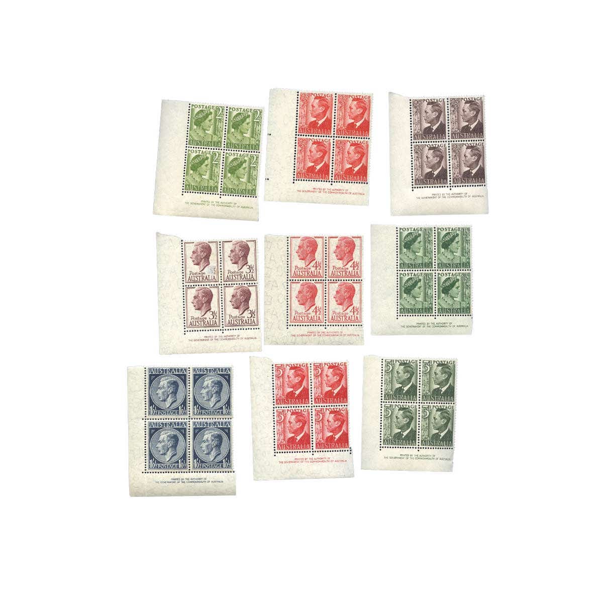 Australia 1950-52 Definitive Stamps Authority Imprint Block of Four Set of 12 Mint Unhinged