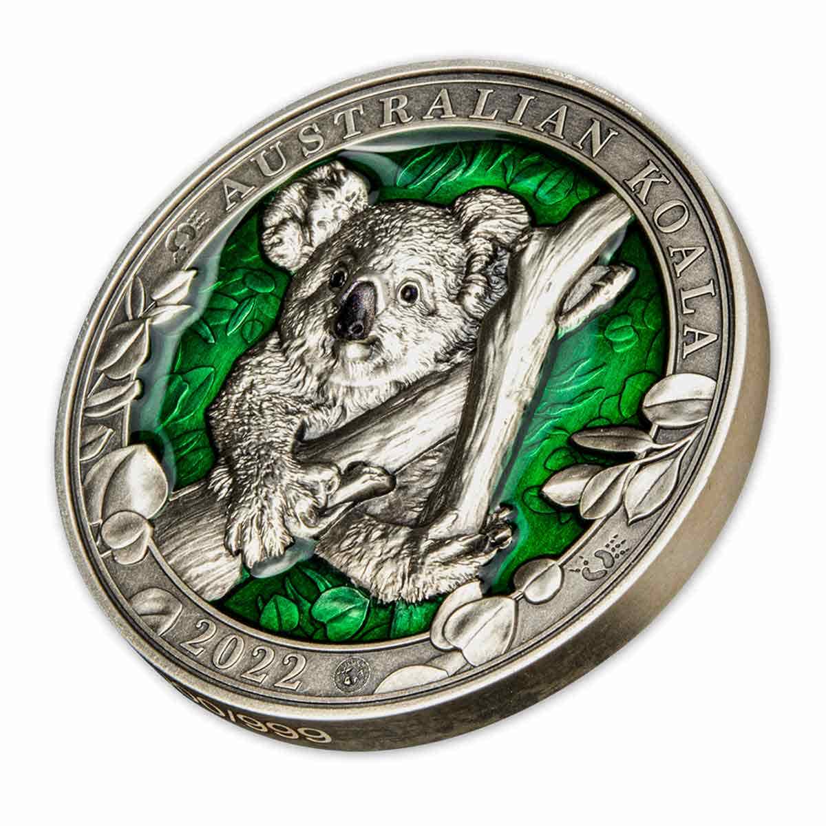 Australian Koala 2022 $5 Enamel 3oz Silver Antique Coin