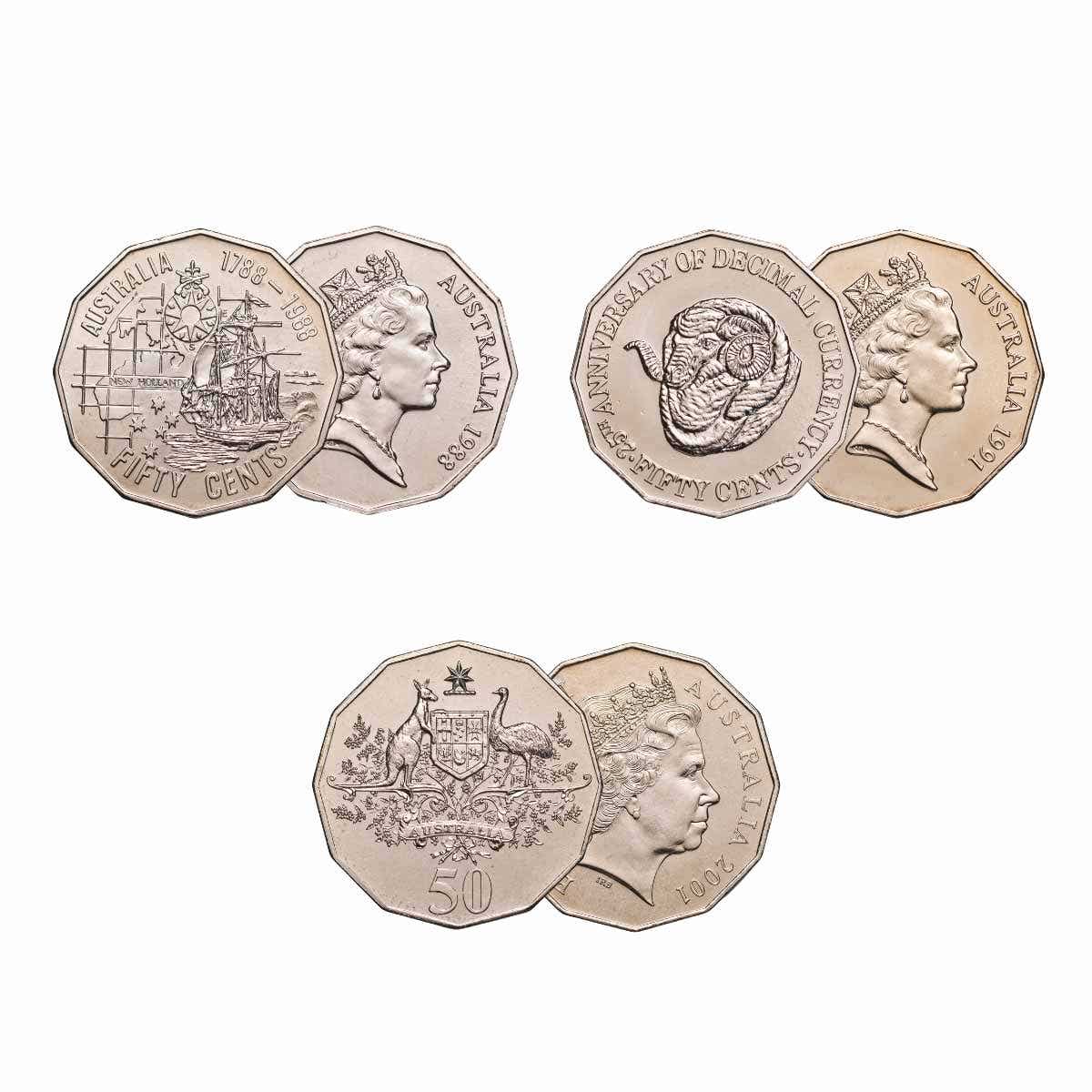 1988, 1991 & 2001 50c Specimen 3-Coin Set