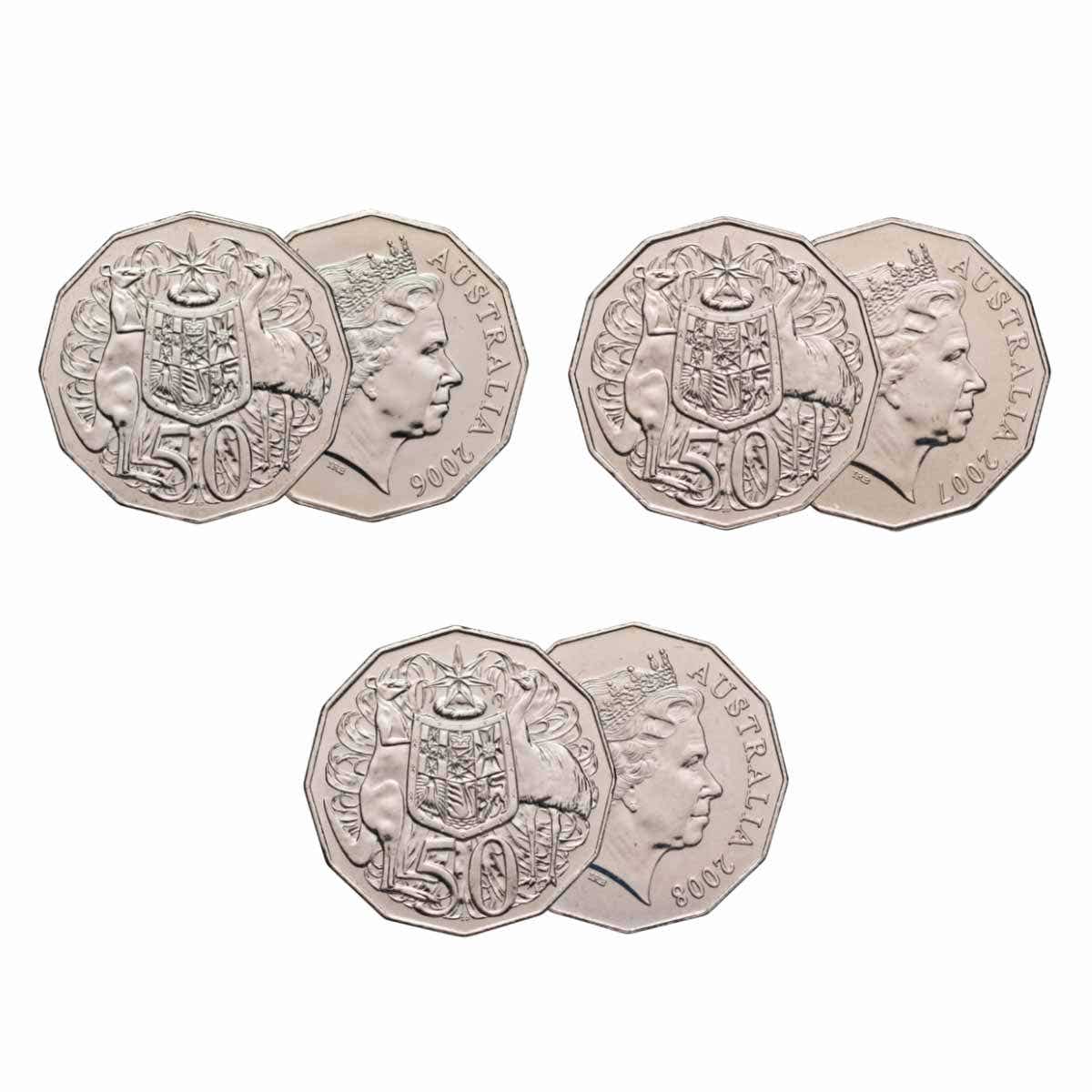 2006, 2007 & 2008 50c Specimen 3-Coin Set