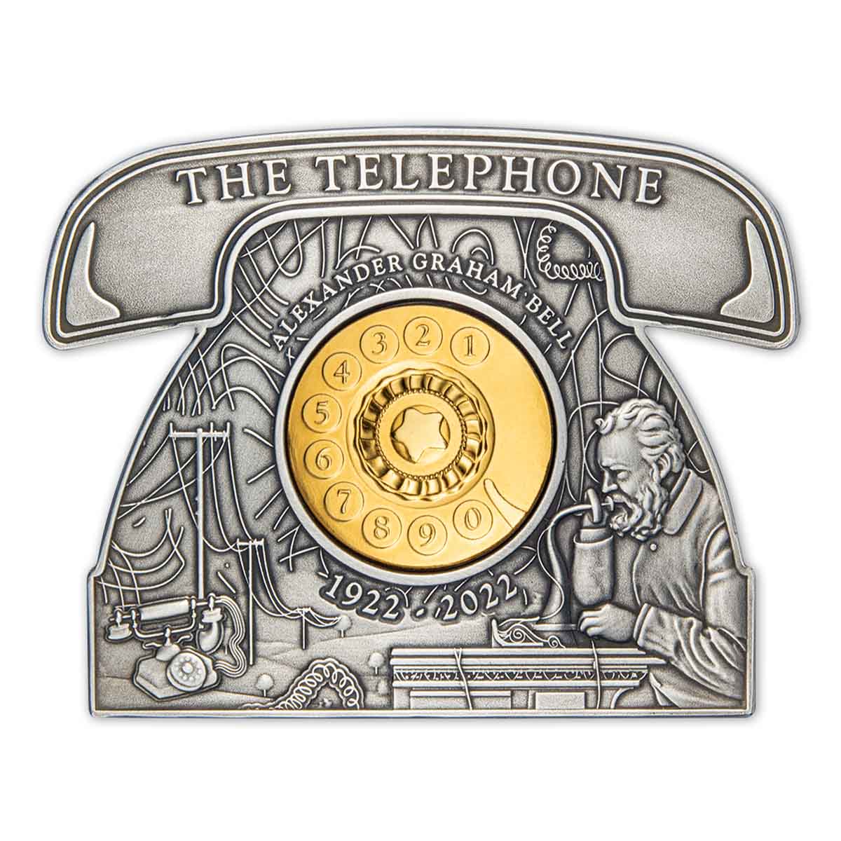 100th Anniversary of Alexander Graham Bell Telephone-shaped 2022 $5 3oz Silver Antique Coin