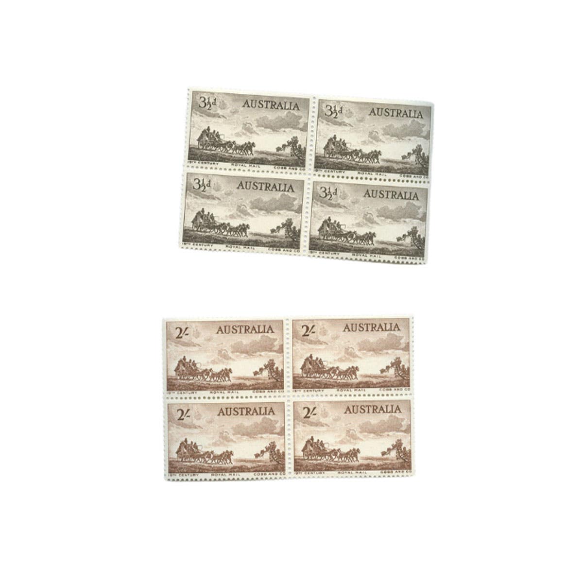 1955 3½d & 2/- Cobb & Co Blocks of Four Pair Mint Unhinged