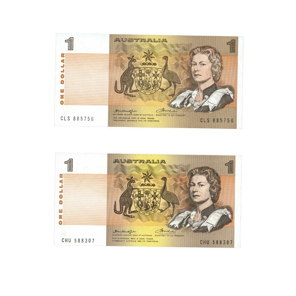 1976 $1 Knight/Wheeler Centre & Side Thread Banknote Pair Uncirculated
