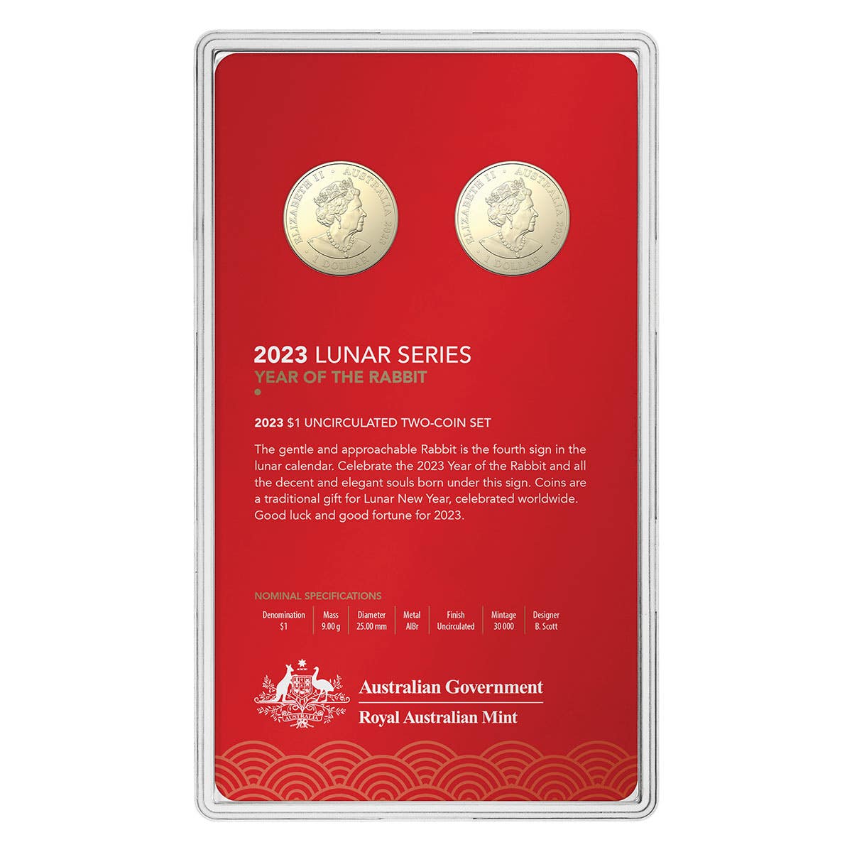 Australia Lunar Year of the Rabbit 2023 $1 Aluminium-Bronze Uncirculated 2-Coin Set