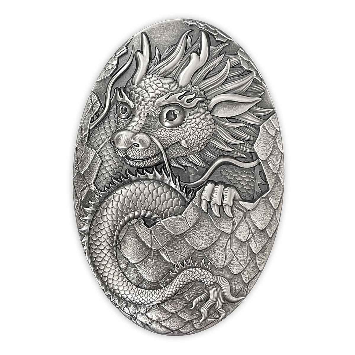 3D Dragon Egg 2024 250 Francs 5oz Silver Antique Coin