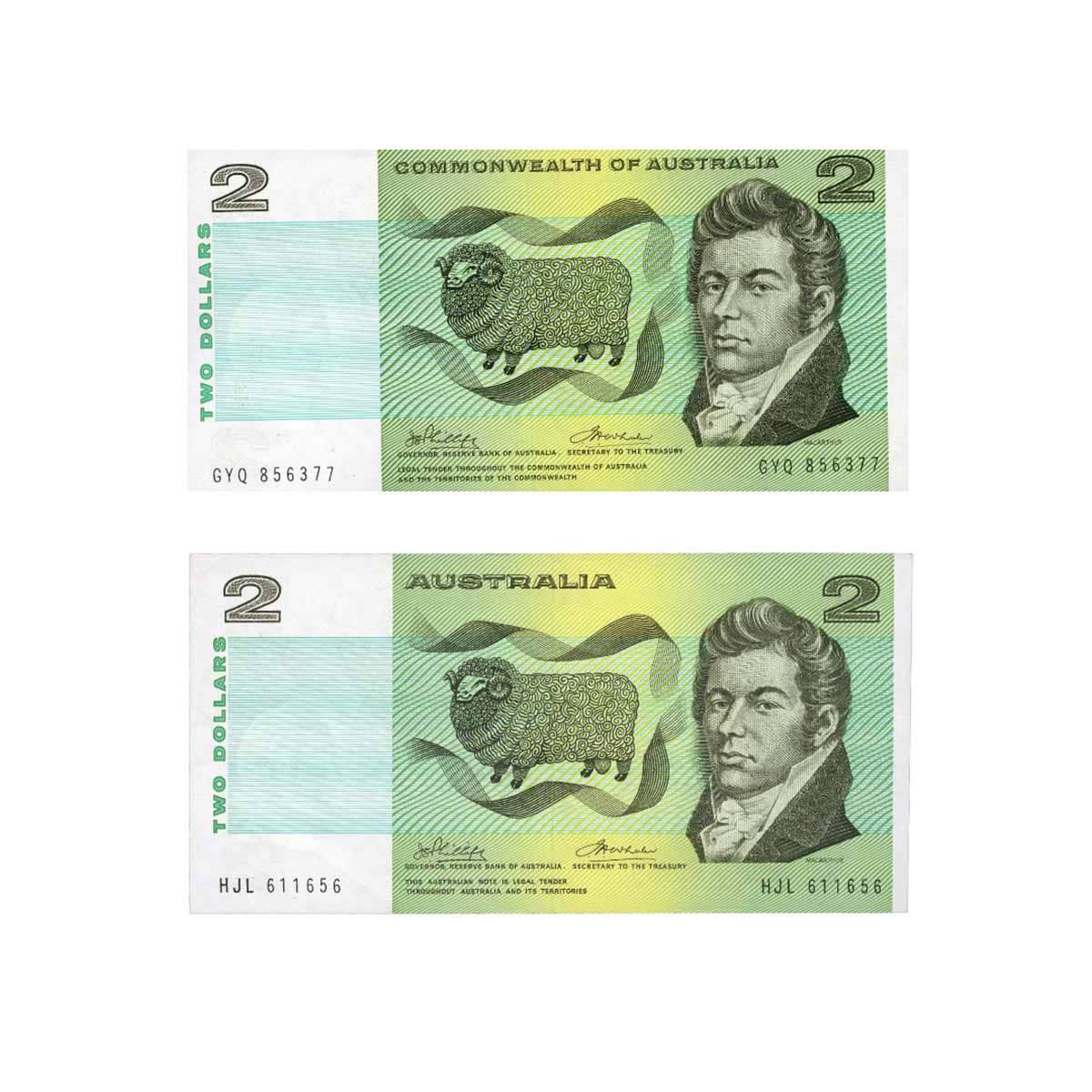 1972 $2 Phillips/Wheeler Commonwealth & 1974 $2 Phillips/Wheeler Australia Banknote Pair Uncirculated