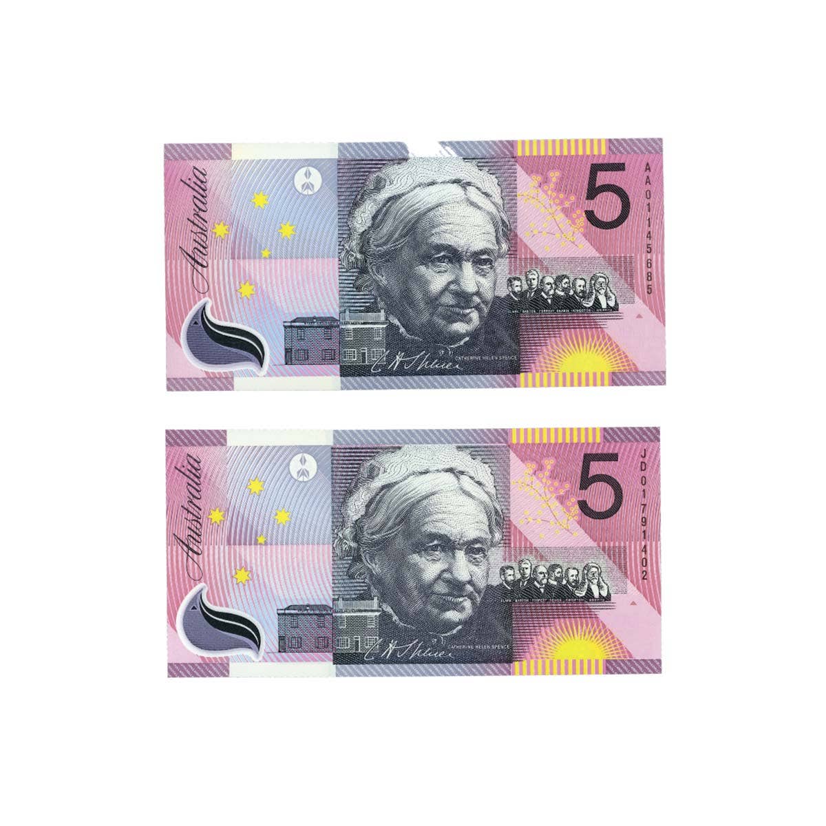 2001 $5 Federation AA01 First Prefix & JD01 Last Prefix Banknote Pair Uncirculated