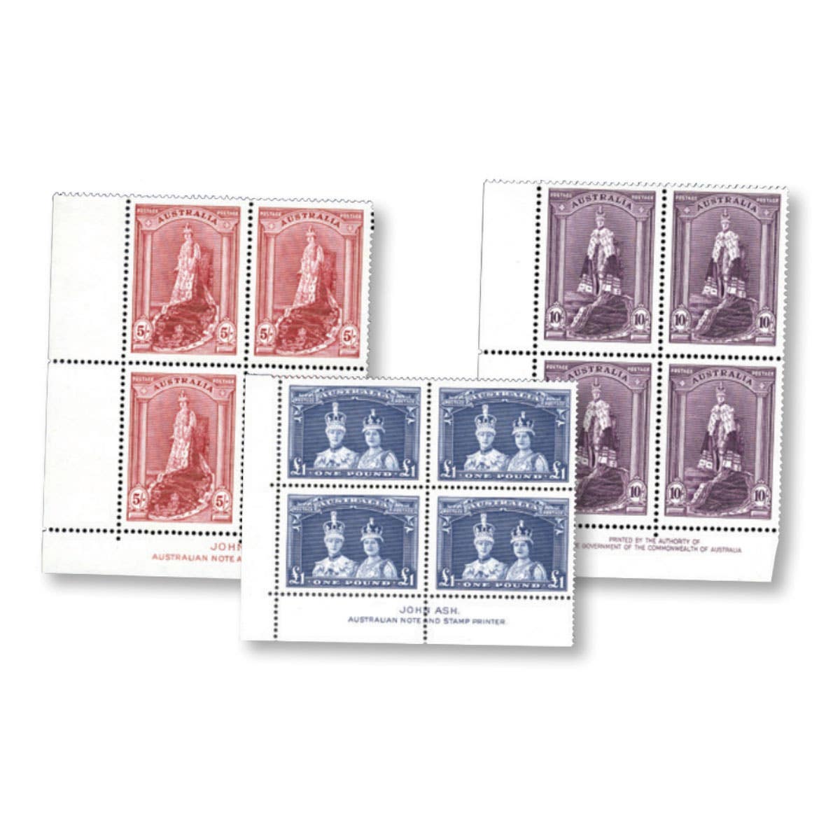 1938 5/-, 10/-, £1 Coronation Robes Set of 3 Imprint Blocks of Four MUH