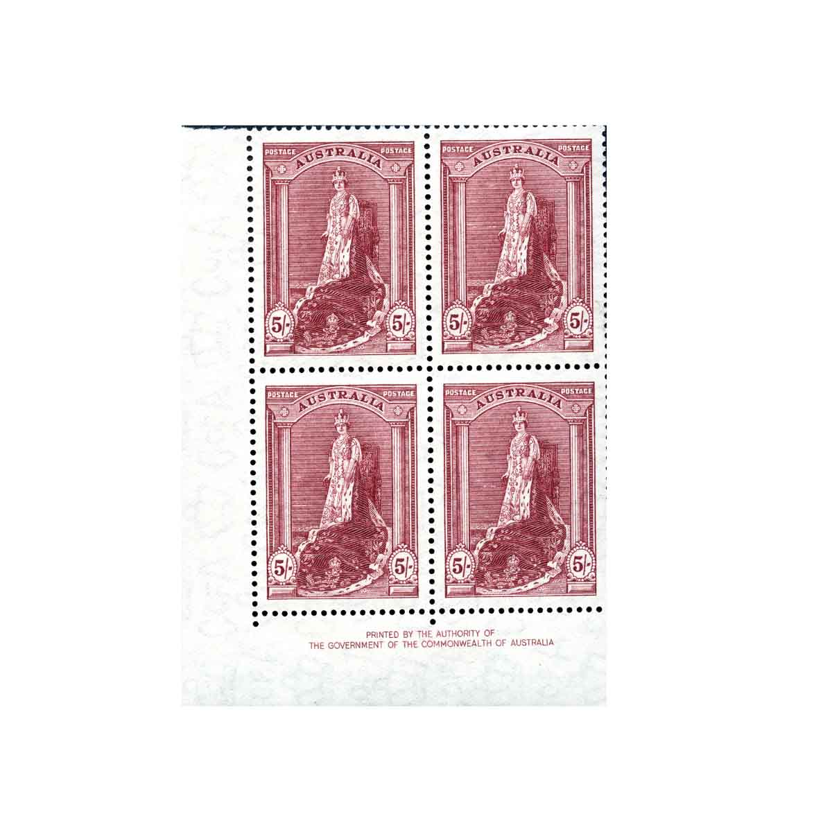 1948 5/- Coronation Robes Thin Paper Authority Imprint Block of Four MUH