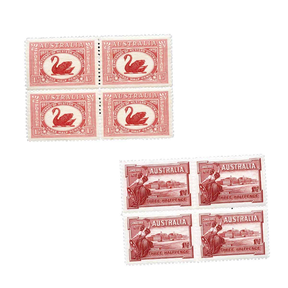 1927 1½d Canberra & 1929 1½d Centenary of Western Australia Blocks of 4 MUH (8 stamps)