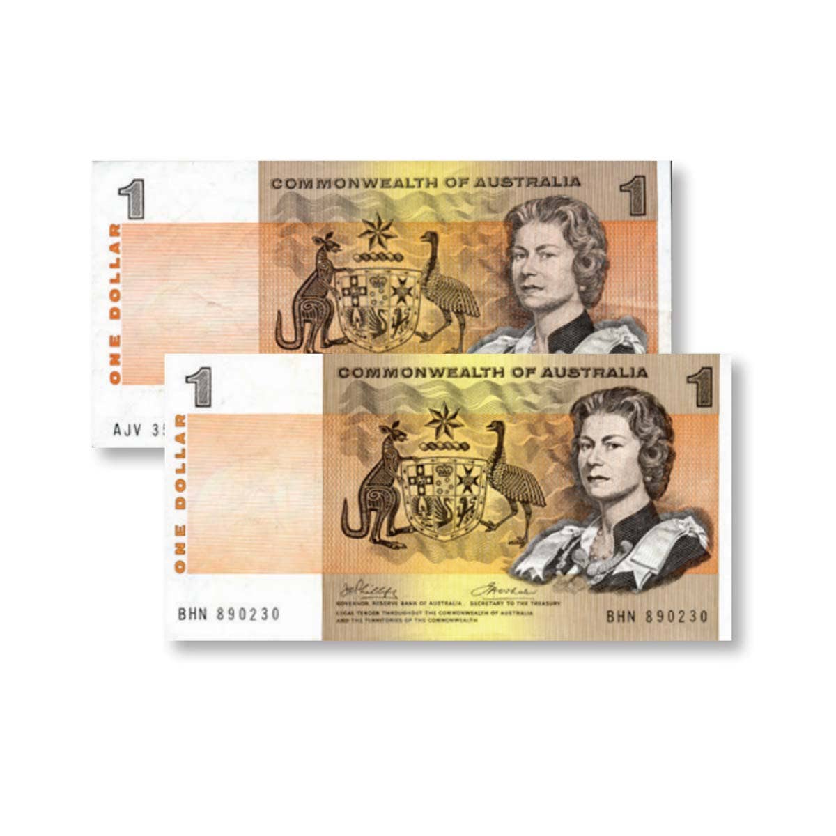 1969 $1 Phillips/Randall & 1972 Phillips/Wheeler Commonwealth Banknote Pair VF-EF