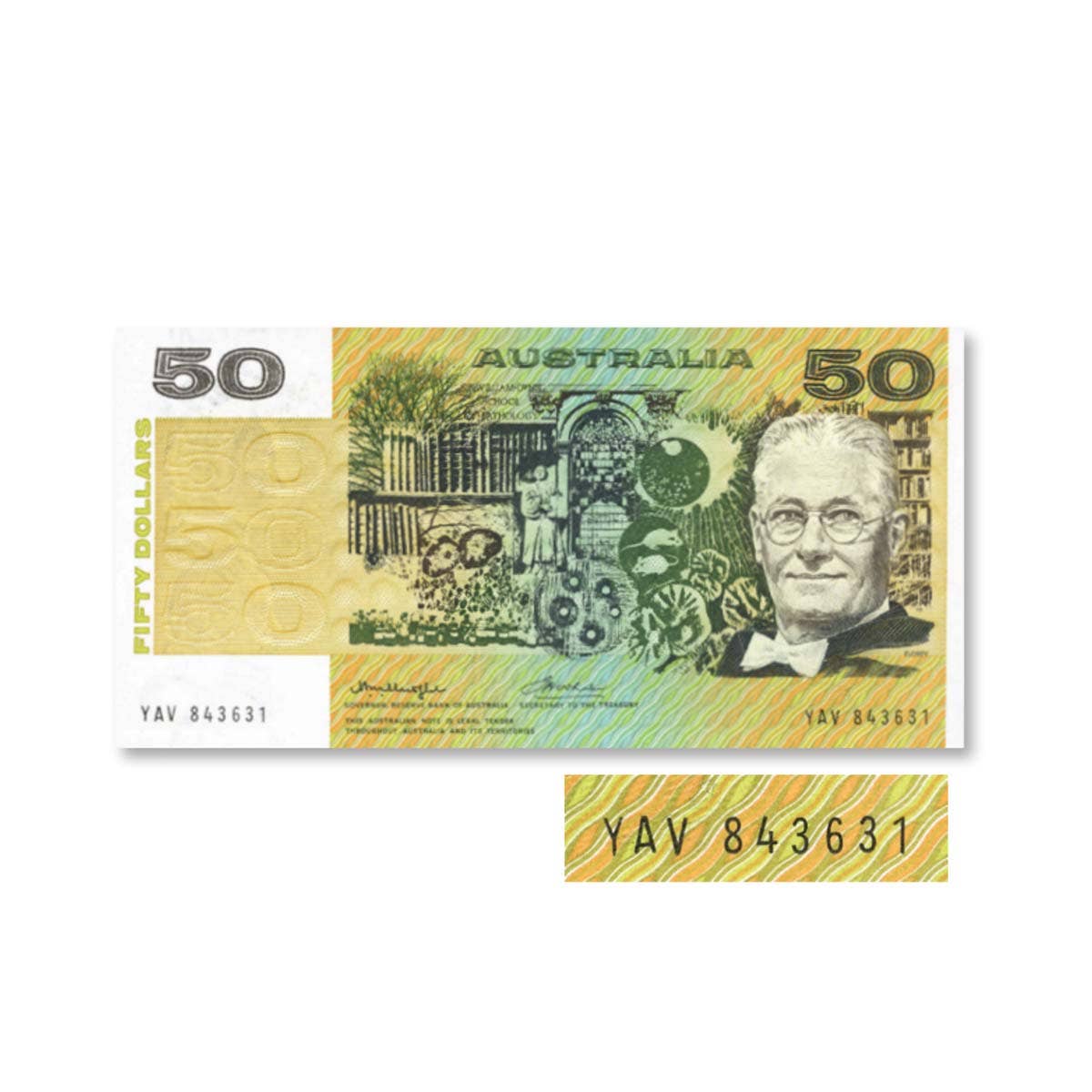 1976 $50 R506aF Knight/Wheeler Centre Thread YAV First Prefix Banknote Uncirculated